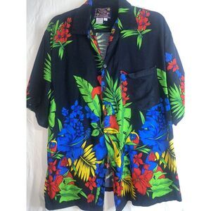 Hawaiian Shirt Basix All Over Tropical Flowers, parrot‎ Palm Trees. Bright. Sz L